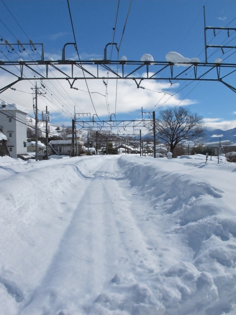 15日午前11時40分頃　愛宕町道踏切から新宿方面の線路上の雪